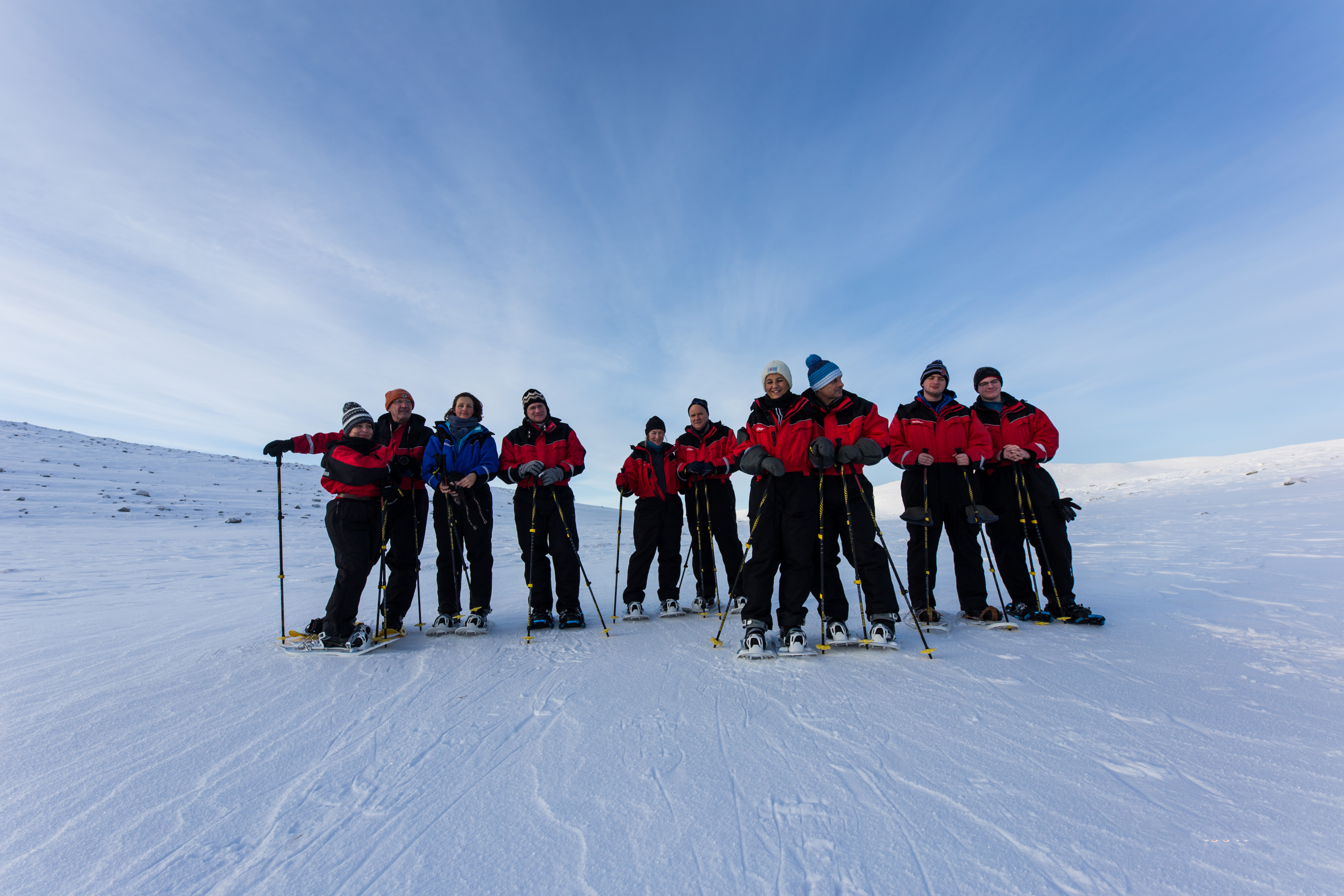 A group out on a guided snowshoeing tour