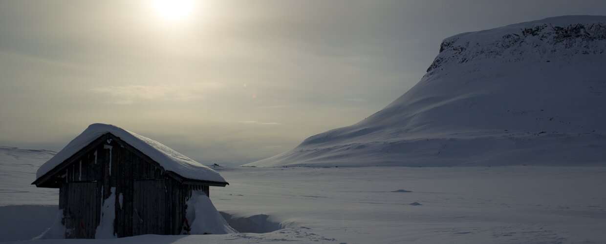 A wooden structure at the foot of Saana Fell in Kilpisjarvi deep within the Arctic Circle
