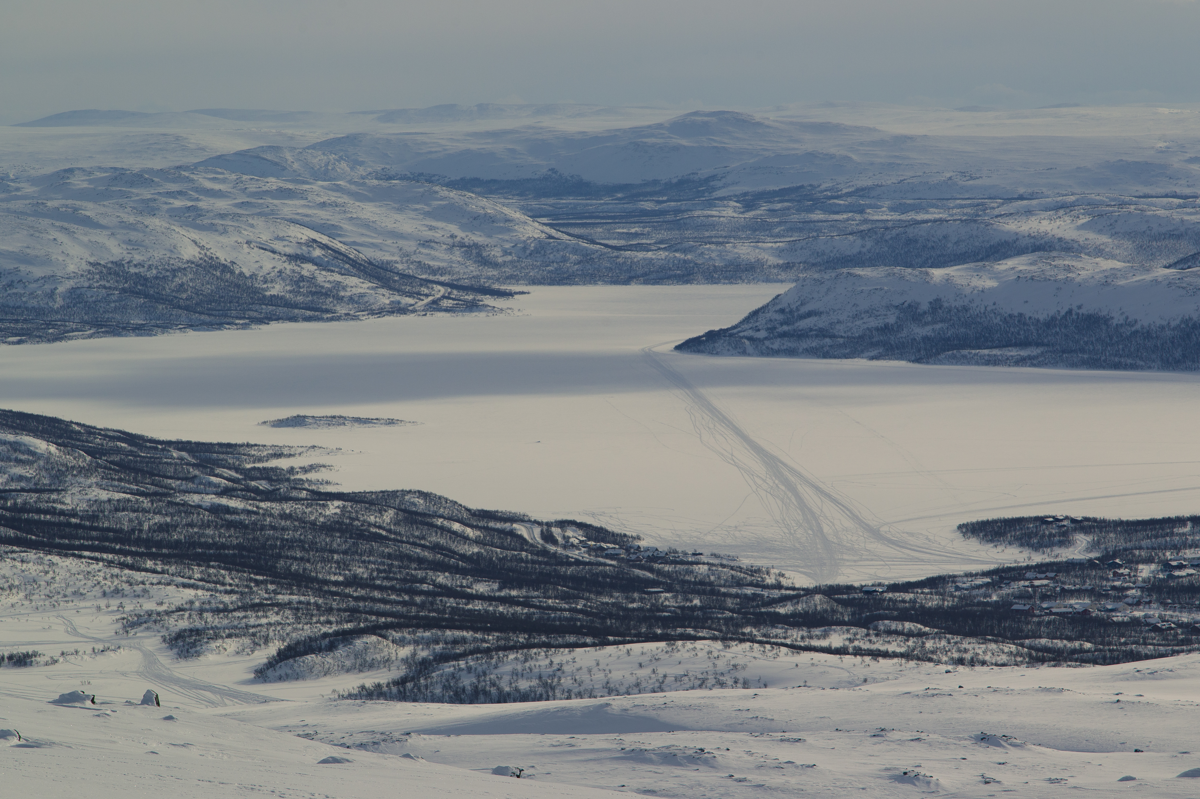 An aerial view of frozen Lake Kilpisjarvi in northwestern Finland