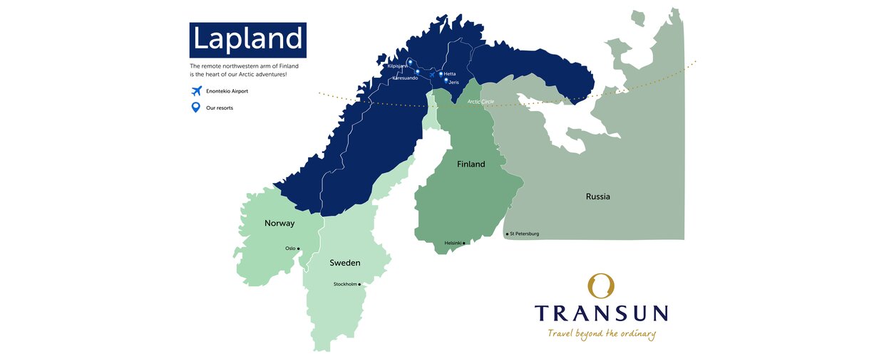 A map of Lapland showing our destinations including Jeris in the remote northwestern arm of Finland