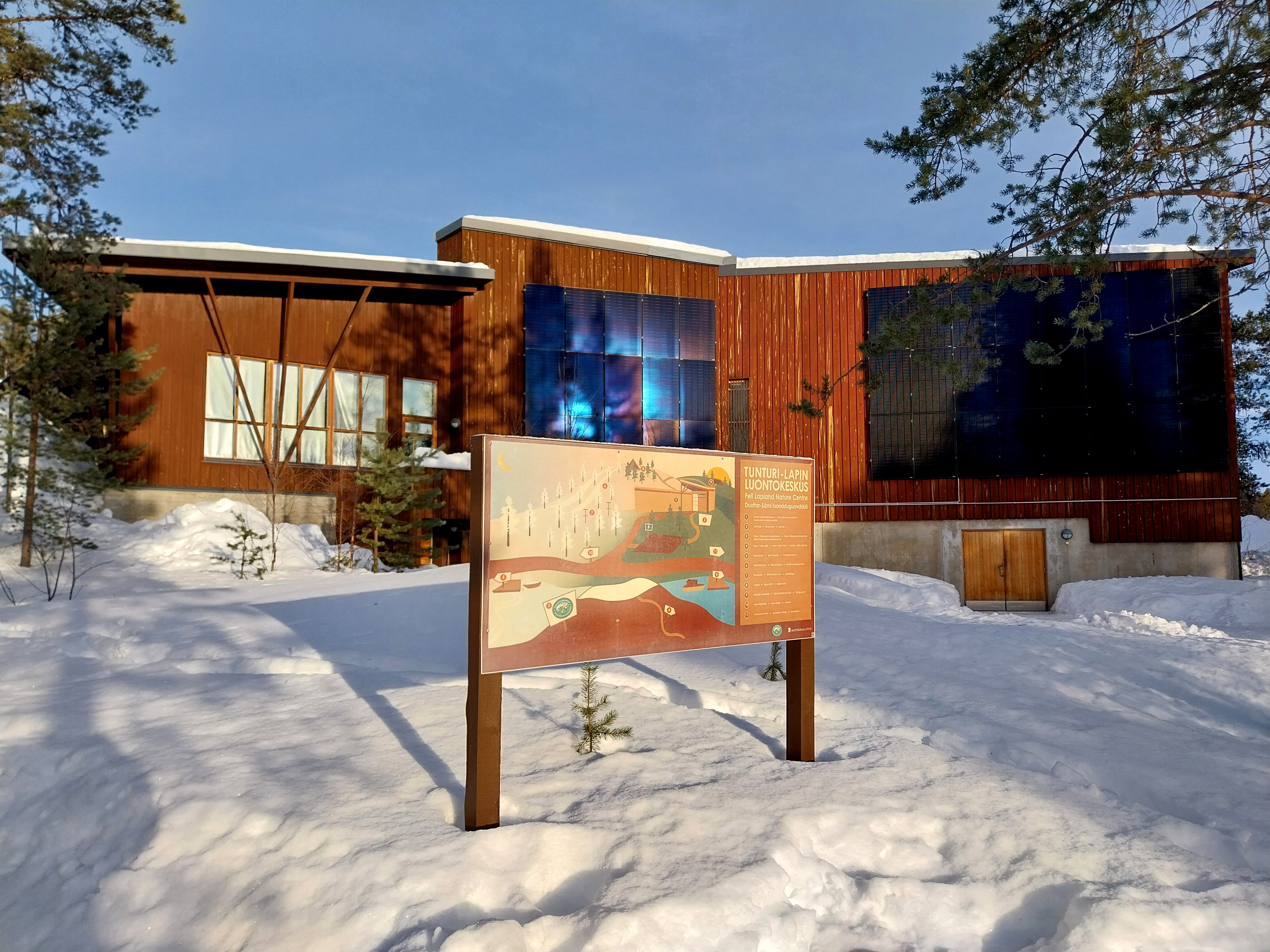 Fell Lapland Visitor Center is the northern gateway to the a sign for Pallas-Yllastunturi National Park
