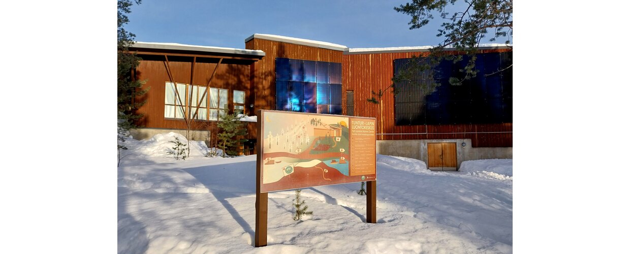 Fell Lapland Visitor Center is the northern gateway to the a sign for Pallas-Yllastunturi National Park 